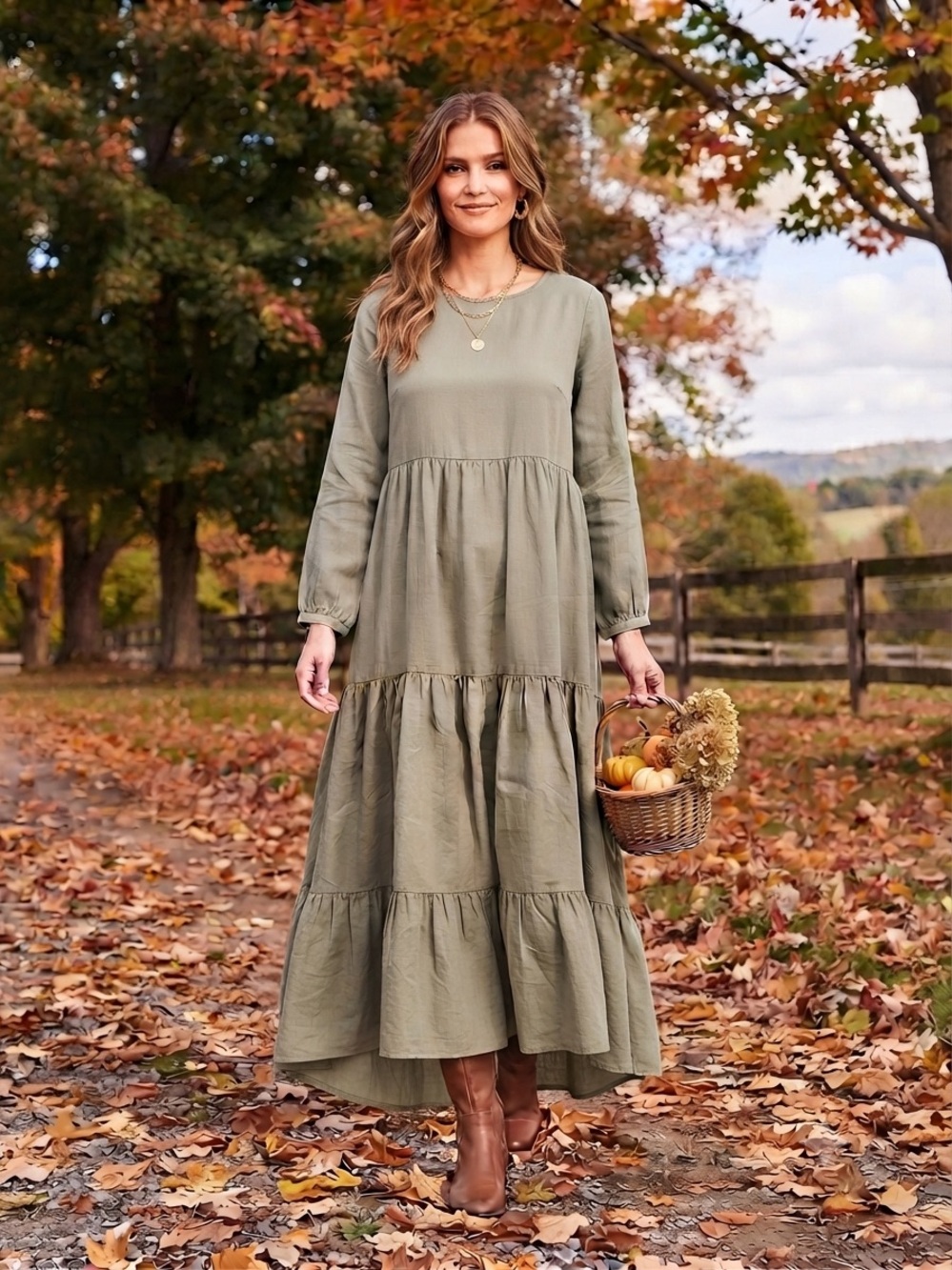 Benin Modanisa Sage Green 100% Cotton Tiered Maxi Dress Large - US 12